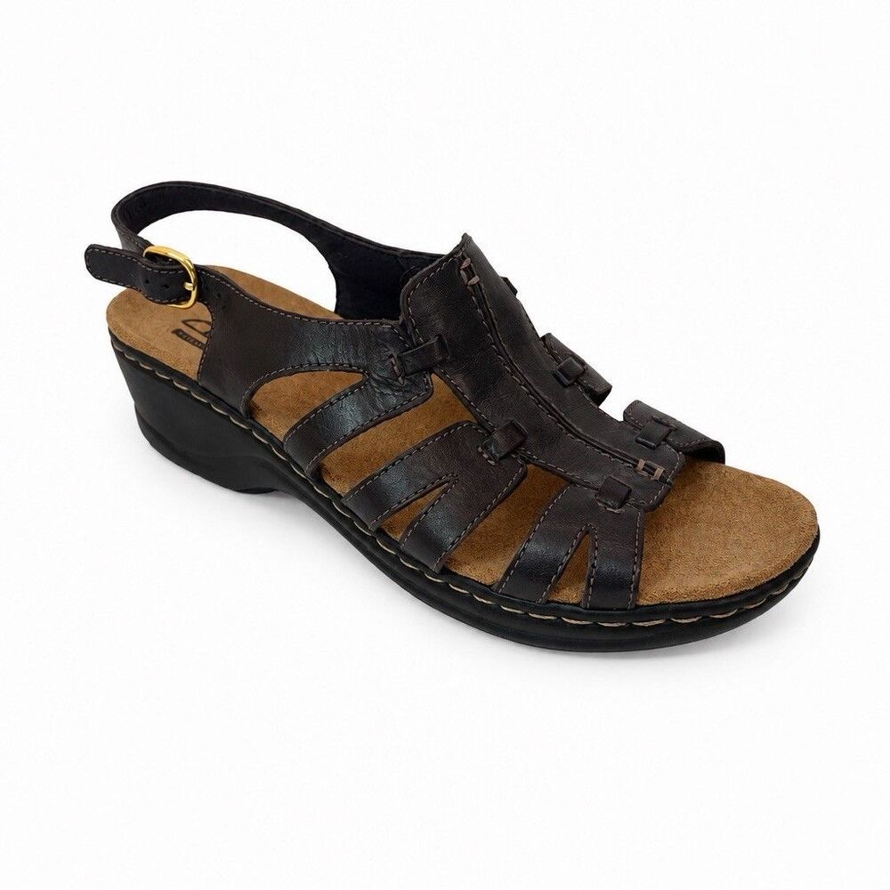 Clarks Women's 9M Dark Brown Leather Fisherman Slingback Wedge Sandals